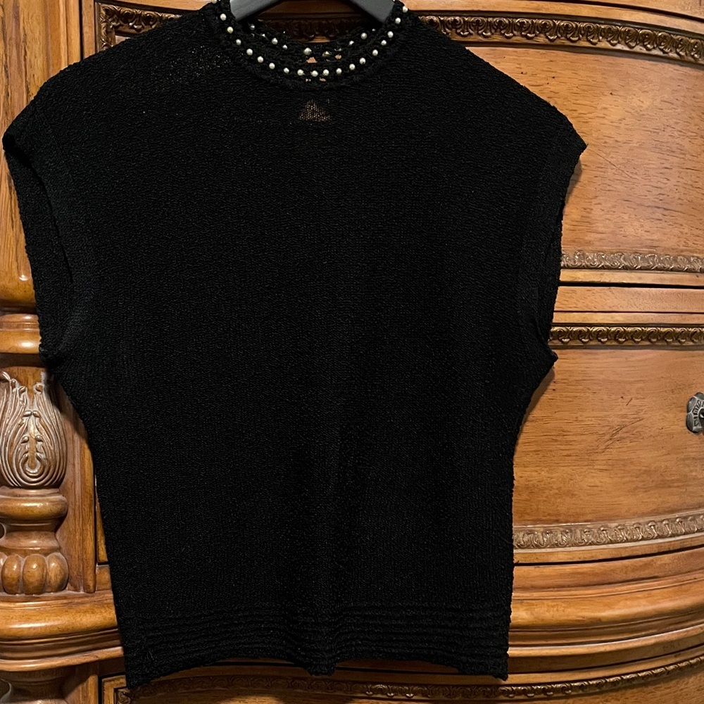 Vintage Chic Black Women's Top with Pearl Detailing Beau PAL Original Design